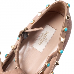 Pre Owned Valentino Beige Leather T Strap Rockstud Ballet Flats Size 40