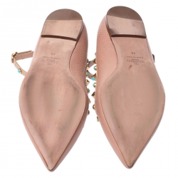 Pre Owned Valentino Beige Leather T Strap Rockstud Ballet Flats Size 40
