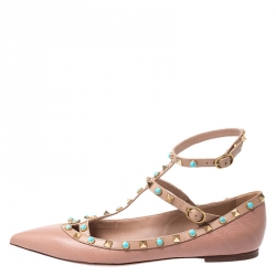 Pre Owned Valentino Beige Leather T Strap Rockstud Ballet Flats Size 40