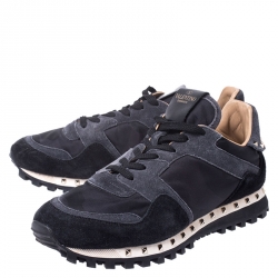 Pre Owned Valentino Black Suede and Fabric Studded Low Top Sneakers Size 39.5