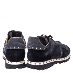 Pre Owned Valentino Black Suede and Fabric Studded Low Top Sneakers Size 39.5