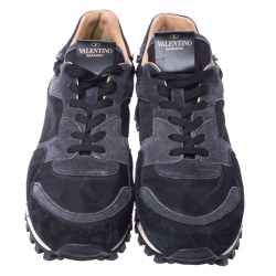 Pre Owned Valentino Black Suede and Fabric Studded Low Top Sneakers Size 39.5