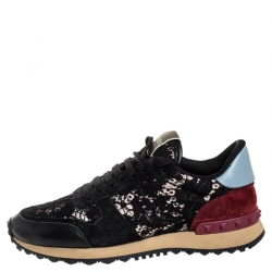 Pre Owned Valentino Multicolor Lace And Suede Leather Low Top Sneakers Size 37.5