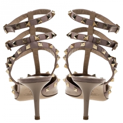 Pre Owned Valentino Beige Patent And Leather Rockstud Ankle Strap Cage Sandals Size 41