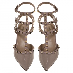 Pre Owned Valentino Beige Patent And Leather Rockstud Ankle Strap Cage Sandals Size 41