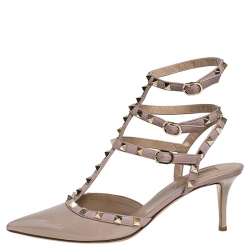 Pre Owned Valentino Beige Patent And Leather Rockstud Ankle Strap Cage Sandals Size 41