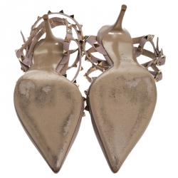 Pre Owned Valentino Beige Patent And Leather Rockstud Ankle Strap Cage Sandals Size 41