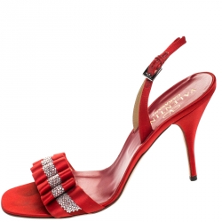 Pre Owned Valentino Red Satin Crystal Embellished Sling Back Open Toe Sandals Size 40