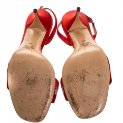 Pre Owned Valentino Red Satin Crystal Embellished Sling Back Open Toe Sandals Size 40