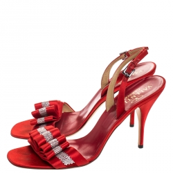 Pre Owned Valentino Red Satin Crystal Embellished Sling Back Open Toe Sandals Size 40