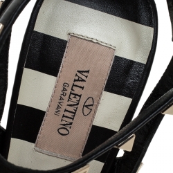 Pre Owned Valentino Black/White Striped Leather Rockstud Ankle Strap Cage Sandals Size 39