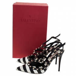 Pre Owned Valentino Black/White Striped Leather Rockstud Ankle Strap Cage Sandals Size 39
