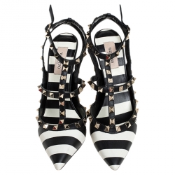 Pre Owned Valentino Black/White Striped Leather Rockstud Ankle Strap Cage Sandals Size 39