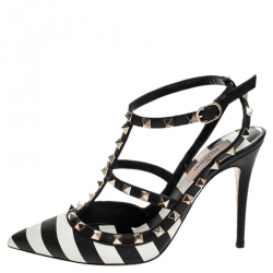 Pre Owned Valentino Black/White Striped Leather Rockstud Ankle Strap Cage Sandals Size 39