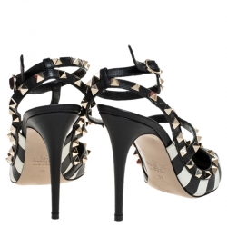 Pre Owned Valentino Black/White Striped Leather Rockstud Ankle Strap Cage Sandals Size 39