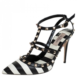 Pre Owned Valentino Black/White Striped Leather Rockstud Ankle Strap Cage Sandals Size 39