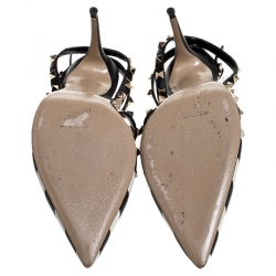 Pre Owned Valentino Black/White Striped Leather Rockstud Ankle Strap Cage Sandals Size 39