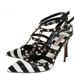 Pre Owned Valentino Black/White Striped Leather Rockstud Ankle Strap Cage Sandals Size 39