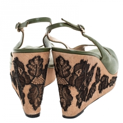 Pre Owned Valentino Green Leather Lace Embellished Wedge Peep Toe Sandals Size 40