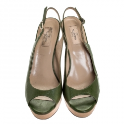 Pre Owned Valentino Green Leather Lace Embellished Wedge Peep Toe Sandals Size 40