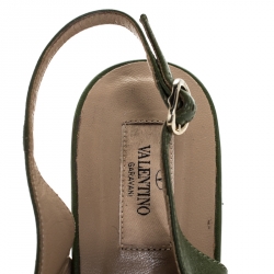 Pre Owned Valentino Green Leather Lace Embellished Wedge Peep Toe Sandals Size 40
