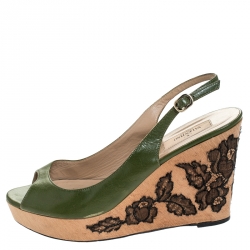 Pre Owned Valentino Green Leather Lace Embellished Wedge Peep Toe Sandals Size 40