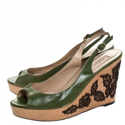 Pre Owned Valentino Green Leather Lace Embellished Wedge Peep Toe Sandals Size 40
