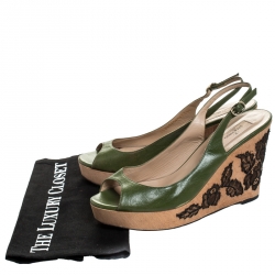 Pre Owned Valentino Green Leather Lace Embellished Wedge Peep Toe Sandals Size 40