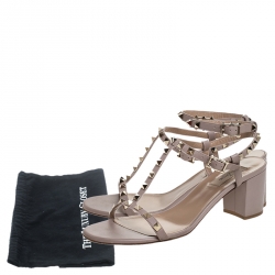 Pre Owned Valentino Beige Leather T Strap Rockstud Block Heel Sandals Size 41