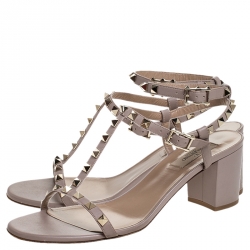Pre Owned Valentino Beige Leather T Strap Rockstud Block Heel Sandals Size 41
