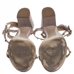 Pre Owned Valentino Beige Leather T Strap Rockstud Block Heel Sandals Size 41