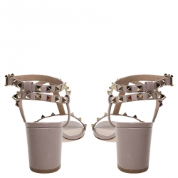 Pre Owned Valentino Beige Leather T Strap Rockstud Block Heel Sandals Size 41