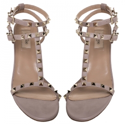 Pre Owned Valentino Beige Leather T Strap Rockstud Block Heel Sandals Size 41