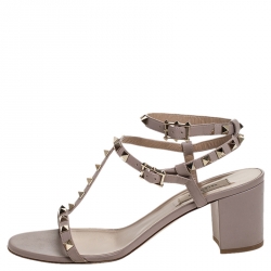 Pre Owned Valentino Beige Leather T Strap Rockstud Block Heel Sandals Size 41