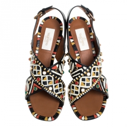 Pre Owned Valentino Multicolor Leather Studded Crossover Primitive Ankle Strap Sandals Size 37.5