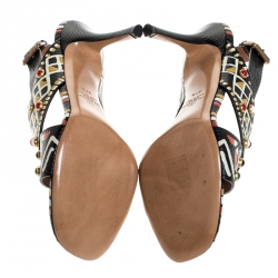 Pre Owned Valentino Multicolor Leather Studded Crossover Primitive Ankle Strap Sandals Size 37.5