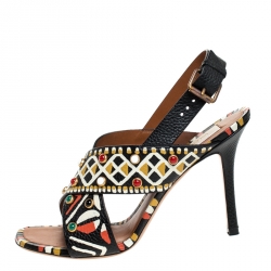 Pre Owned Valentino Multicolor Leather Studded Crossover Primitive Ankle Strap Sandals Size 37.5