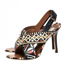 Pre Owned Valentino Multicolor Leather Studded Crossover Primitive Ankle Strap Sandals Size 37.5