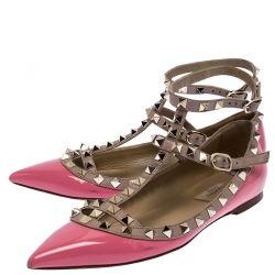 Pre Owned Valentino Pink Patent Leather Rockstud Ankle Strap Ballet flats Size 36