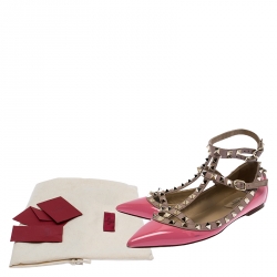 Pre Owned Valentino Pink Patent Leather Rockstud Ankle Strap Ballet flats Size 36