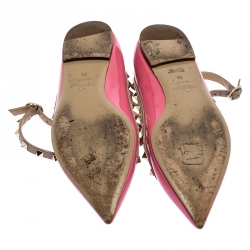 Pre Owned Valentino Pink Patent Leather Rockstud Ankle Strap Ballet flats Size 36