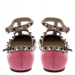 Pre Owned Valentino Pink Patent Leather Rockstud Ankle Strap Ballet flats Size 36