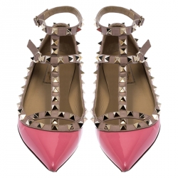 Pre Owned Valentino Pink Patent Leather Rockstud Ankle Strap Ballet flats Size 36