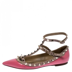 Pre Owned Valentino Pink Patent Leather Rockstud Ankle Strap Ballet flats Size 36