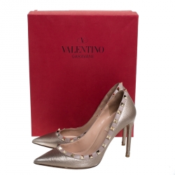Pre Owned Valentino Metallic Bronze Leather Rockstud Pointed Toe Pumps Size 37.5