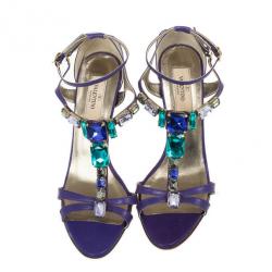 Pre Owned Valentino Purple Crystal T Strap Sandals Size 37.5