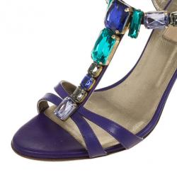 Pre Owned Valentino Purple Crystal T Strap Sandals Size 37.5