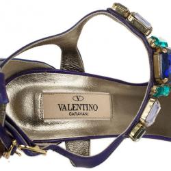 Pre Owned Valentino Purple Crystal T Strap Sandals Size 37.5