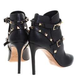 Pre Owned Valentino Black Leather Rockstud Pointed Toe Ankle Boots Size 37