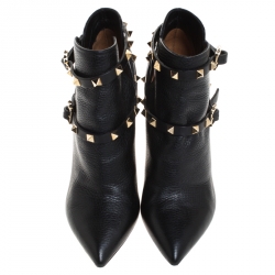 Pre Owned Valentino Black Leather Rockstud Pointed Toe Ankle Boots Size 37